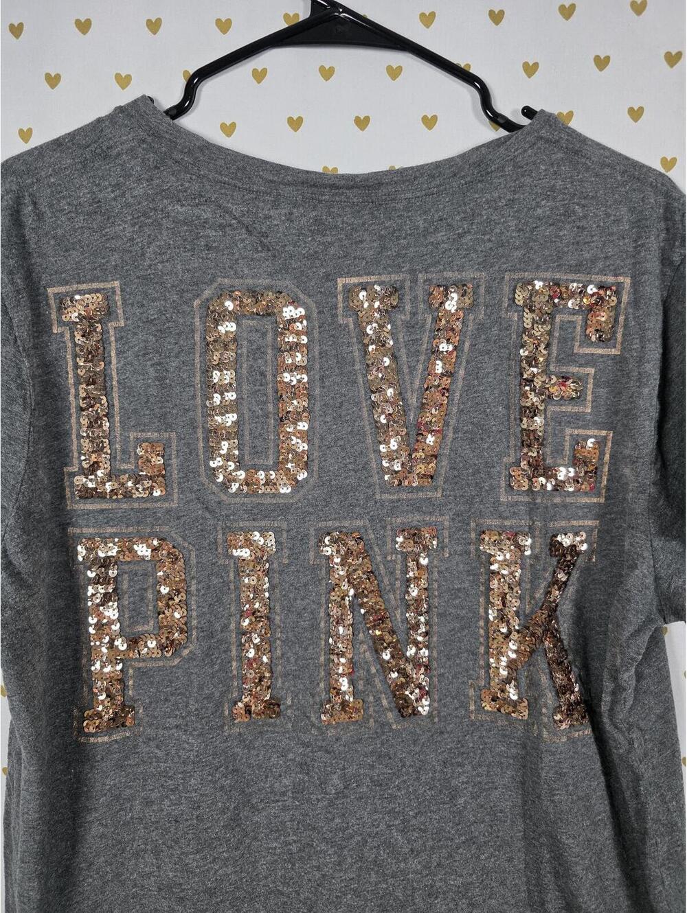 Victorias Secret PINK LOVE short sleeve Gold Bling Sequined Tee shirt Grey MED